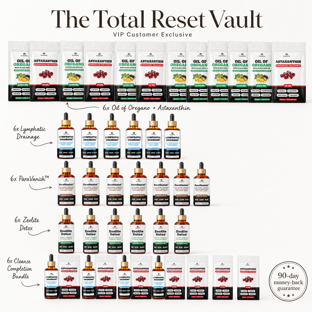 The Total Reset Vault (1x Oil of Oregano + Astaxanthin + 1x Lymphatic Drainage + 1x ParaVanish™ + 1x Zeolite Detox + 1x Cleanse Completion Bundle)